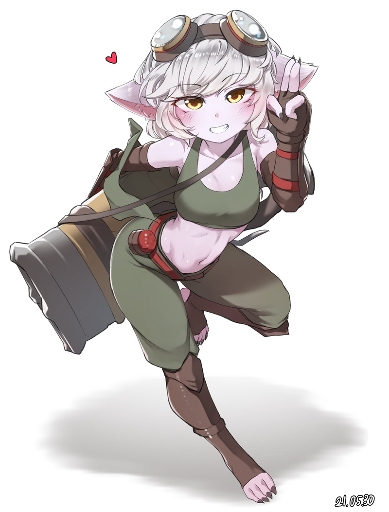 League of Legends, digital art, smiling, fan art, Tristana (League of Legends), artwork, illustration, grey hair, 1080P, yellow eyes, video game characters