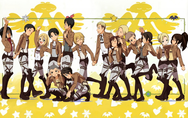 Bertholdt Hoover, Eren Yeager, Reiner Braun, Hange Zoë, Jean Kirstein, Annie Leonhart, Historia Reiss, Mikasa Ackerman, Connie Springer, Sasha Blouse, Ymir (Attack on Titan)