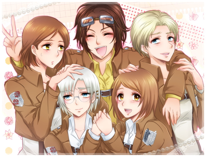 white, rheinberger, 1080P, kiraki, brzenska, brown, zoe, ral, eyes, glasses, rico, anka, petra, hanji, shingeki, kyojin, hair, blush, nanaba, blue