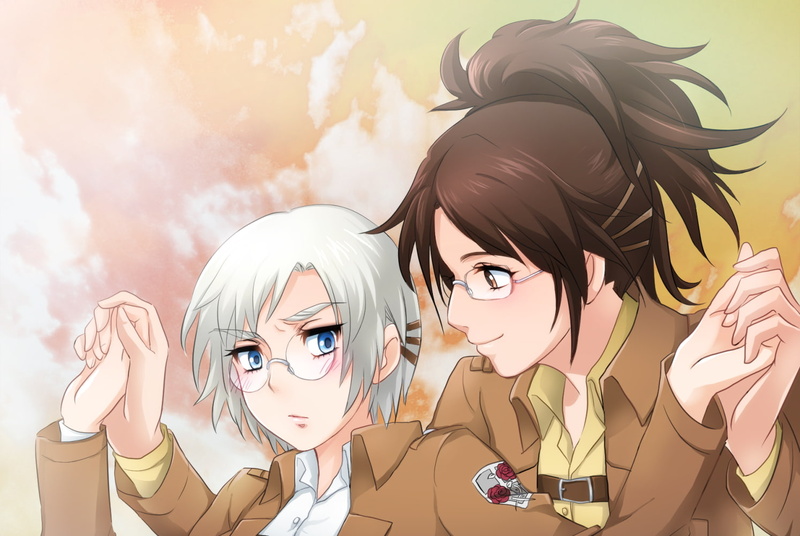 eyes, blush, shingeki, glasses, rico, blue, zoe, 720P, brzenska, hair, white, girls, kyojin, kiraki, hanji