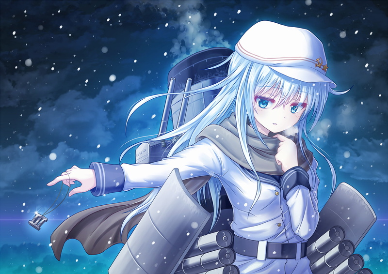 blue, one person, waist up, Hibiki (Kancolle), adult, nature, winter, women, front view, young adult, looking at camera, snowing, night, lifestyles, Kantai Collection