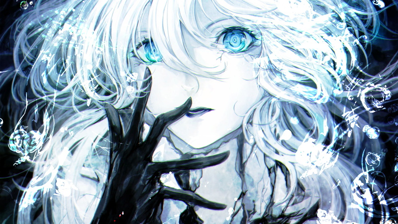 anime girls, water, underwater, full frame, ink, cyan, motion, bright, tangled, white, eyes, white color, 1080P, anime, nature, glowing, creativity, Kantai Collection