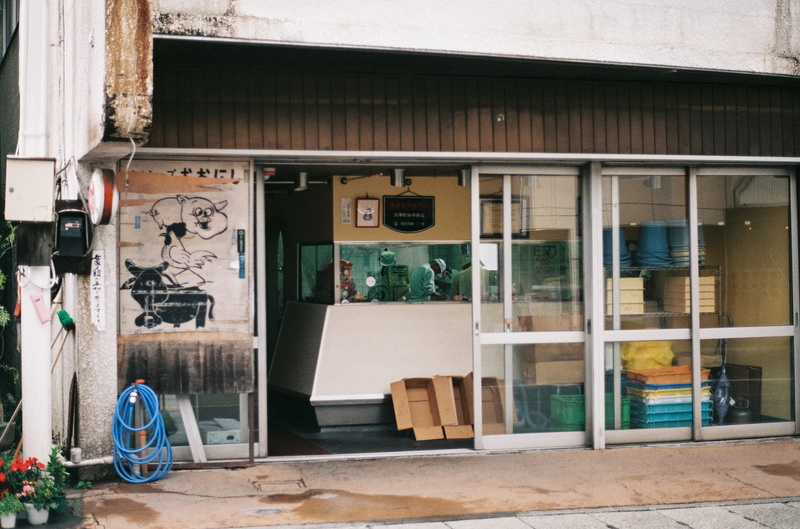 outdoors, day, fujikawaguchiko, building exterior, graffiti, cow, meat, door, 5K, glass - material, bicycle, pig, mt. fuji, city, lake kawaguchiko, no people
