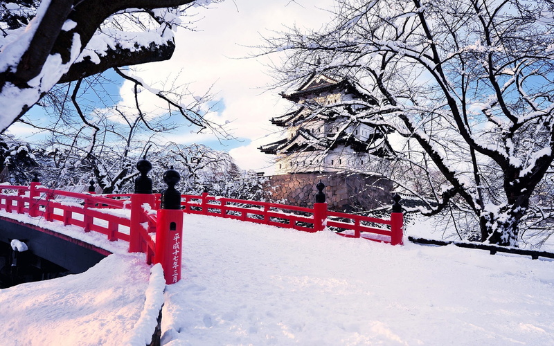 1080P, castel, Bridge, Hirosaki, Snow, Trees, Aomori, Prefecture, Ice, Winter, Japan