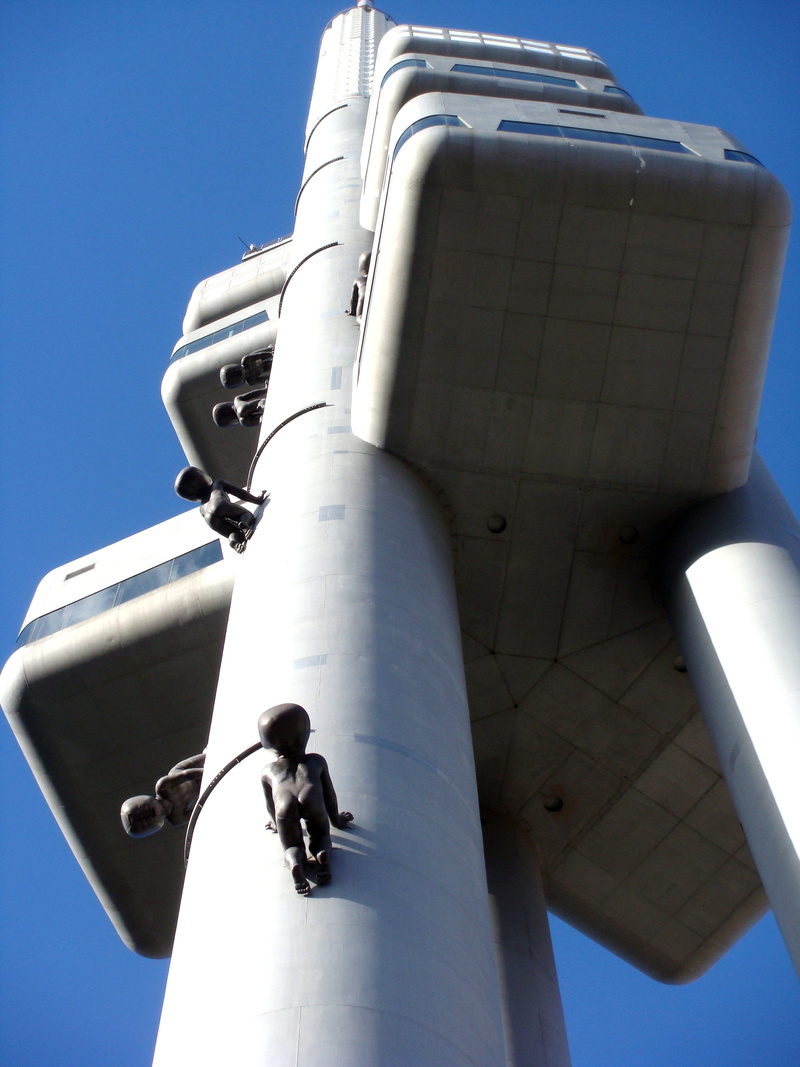 helmet, Zizkov Television Tower, safety, panoramic, technology, sunlight, surveillance, military, low angle view, views, blue, security camera, city, sky