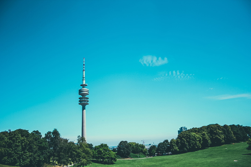 built structure, tall - high, tower, germany, high tower, tree, communication, münchen, sky, no people, woods, nature, blue, travel, hd, gras