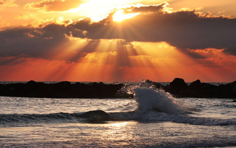 tropical, rocks, 2K, wave, skies, hawaii, ocean, kissing, exotic, sunset, sun, orange, islands, polynesia, island, evening