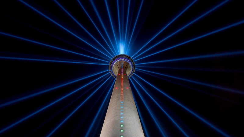 tourist attraction, light beam, germany, architecture, built structure, lighting, dusseldorf, amusement park ride, tv tower, lighting equipment, indoors