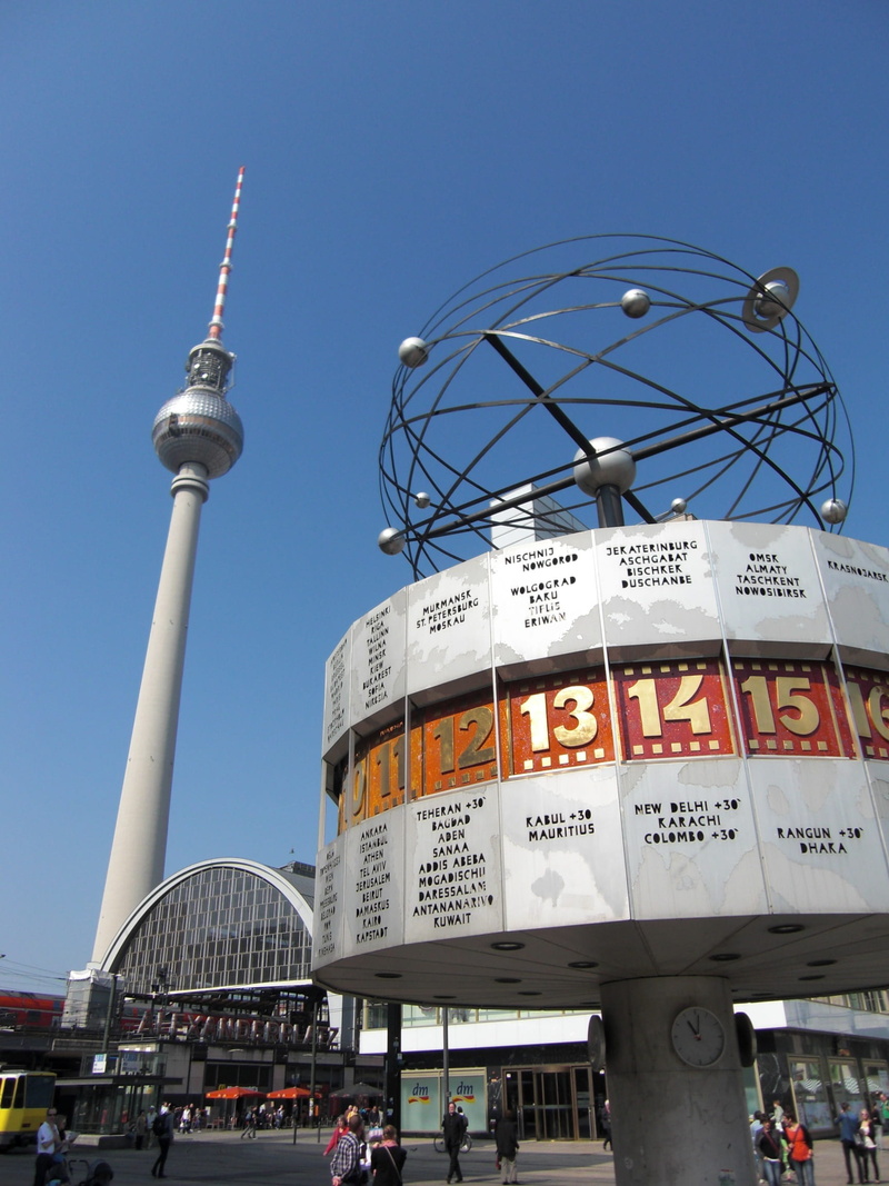 landmark, world clock, day, low angle view, tower, clock, building exterior, nature, tall - high, global communications, radio tower, world, tv tower, germany