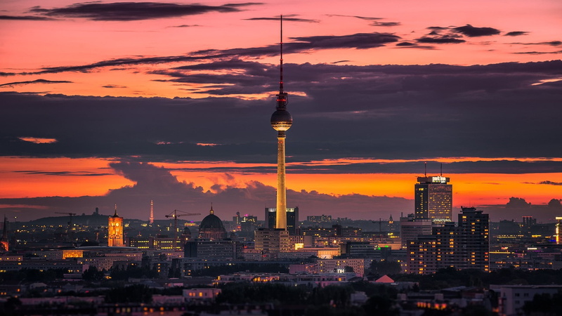 sky, fernsehturm, city life, building exterior, tower, romantic sky, architecture, modern, travel, office building exterior, sunset, cloud, cityscape, building