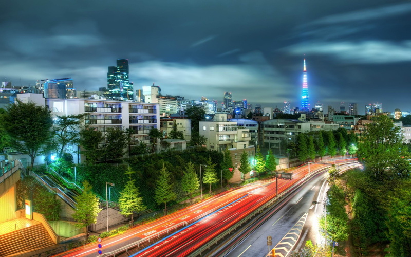 architecture, white, buildings, roppongi, time, road, building exterior, skyscraper, cityscape, cloud - sky, japan, transportation, light trail