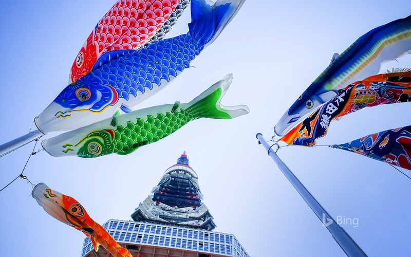 1080P, religion, bin, flag, koinobori, no people, built structure, sky, tower, blue, building exterior, architecture, outdoors, animal representation