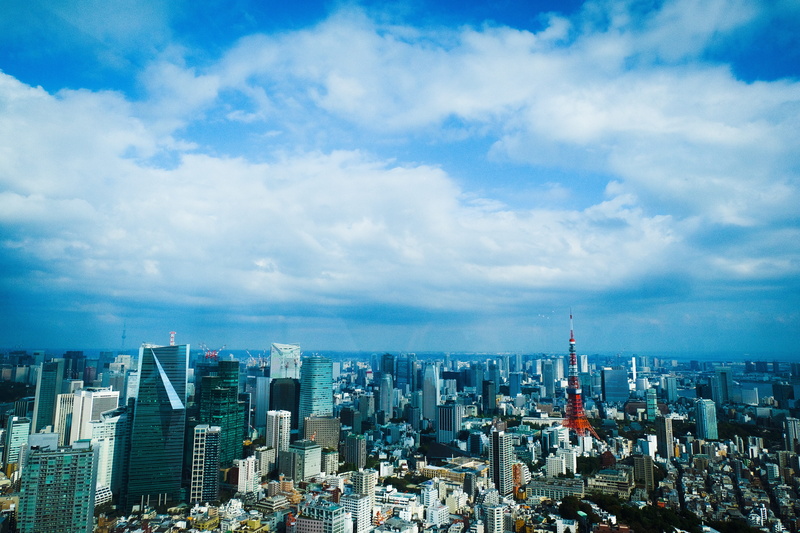 architecture, outdoors, office building exterior, urban skyline, financial district, japan, tokyo city view and sky deck, blue, modern, 5K, cloud - sky