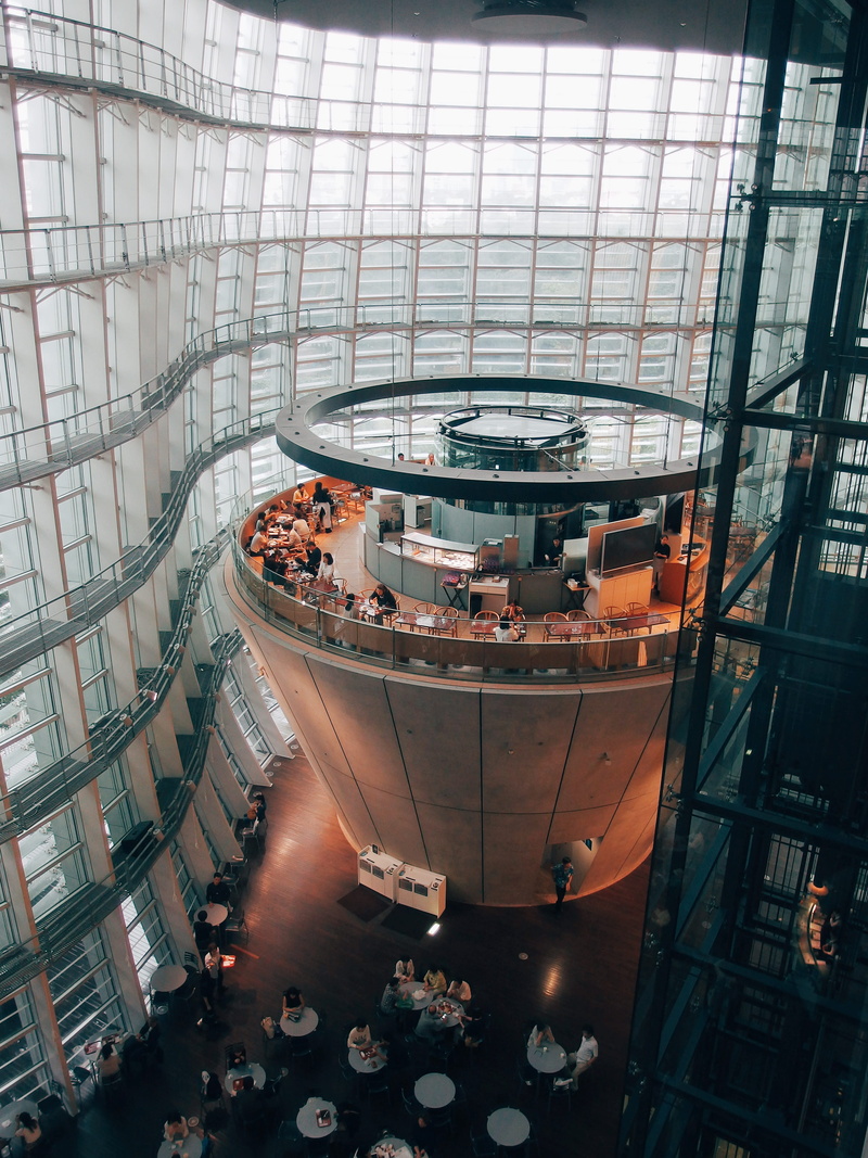 window, buildings, the national art center, architecture, building, restaurant, museum, day, illuminated, skylight, concrete, reflection, high angle view