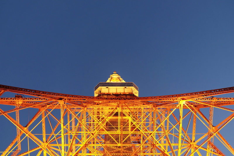 travel, tokyo tower, low angle view, clear sky, background, blue, night, tokyo, traveling, copy space, sky, light, city, view, tourism, construction, illuminated