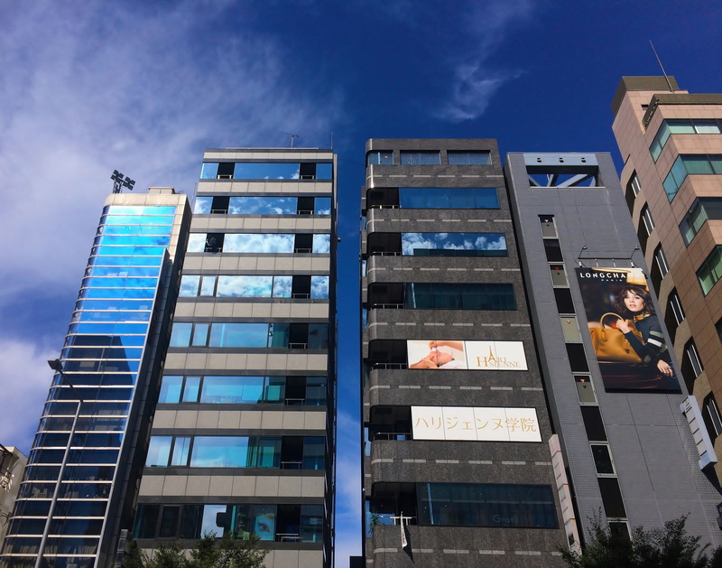 low angle view, high sense, cloud, aoyama okada building, modern, aoyama, skyscraper, office, city, nature, 2K, built structure, office building exterior