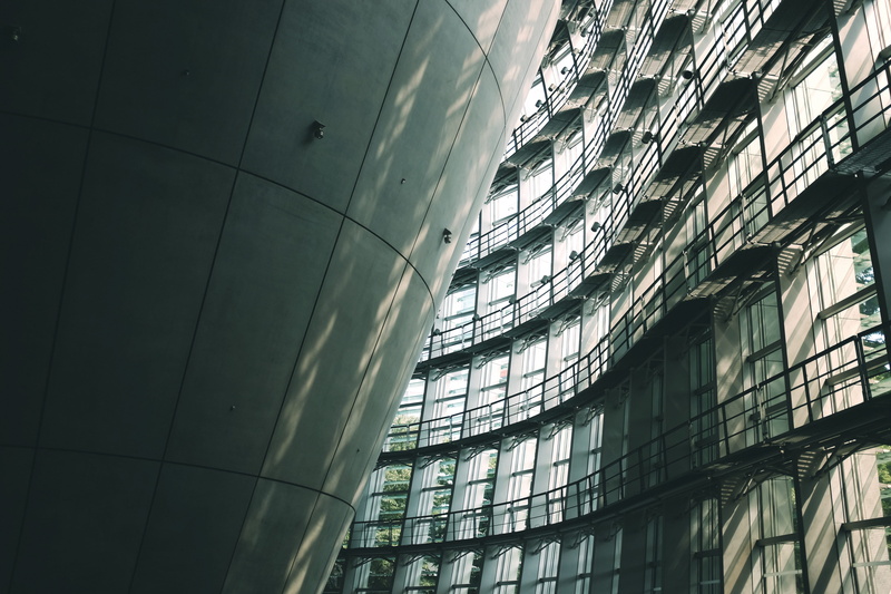 office building exterior, architecture, 4K, japan, center, art, low angle view, skyscraper, tokyo, full frame, day, city, business, museum, directly below