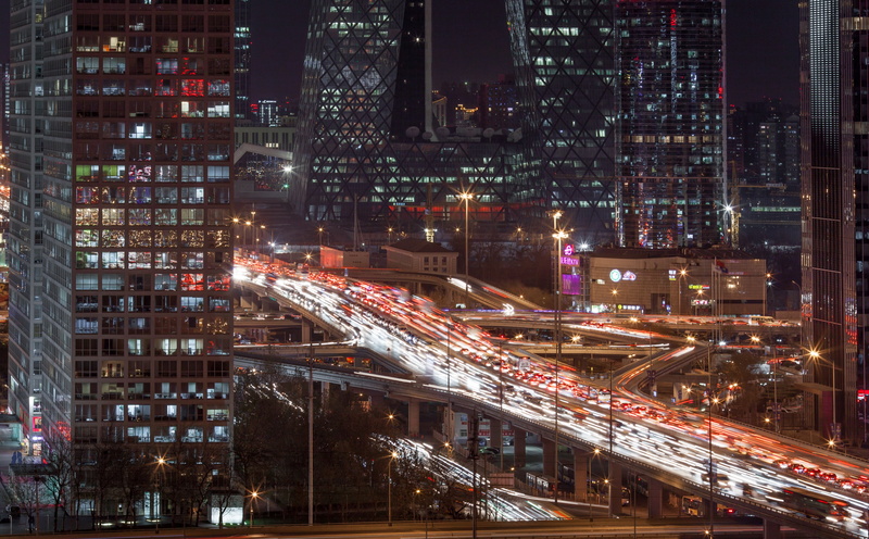 Landscape, nighttime, views, Night, centralbusinessdistrict, Cars, city street, aerial, modern, Metropolis, Light, blurred motion, Vista, financial district