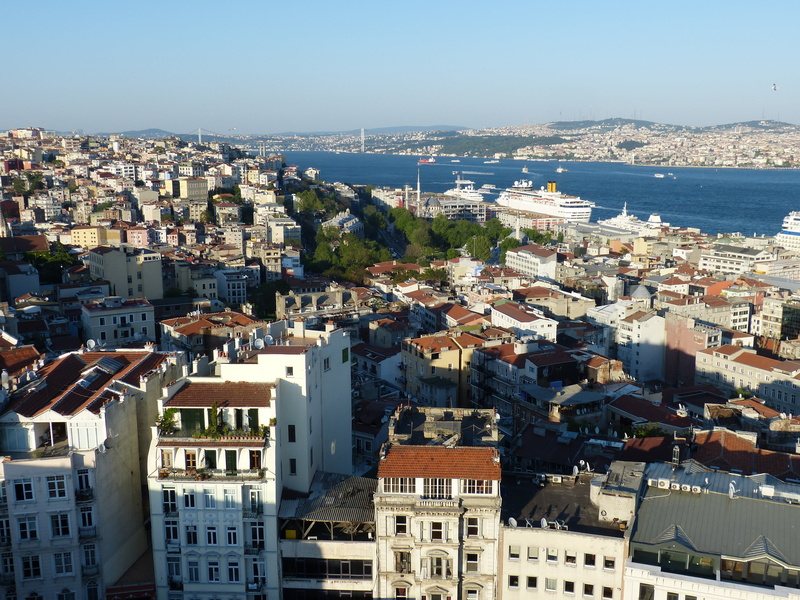 galata tower, town, settlement, europe, sky, asia, crowded, ship, mosque, architecture, view, body, high angle view, day, aerial, istanbul, turkey, crowd