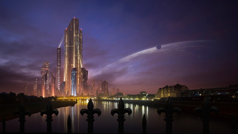 cityscape, outdoors, nature, building exterior, sky, skyline, reflection, science fiction, fantasy art, 1080P, metropolis, built structure, night, building