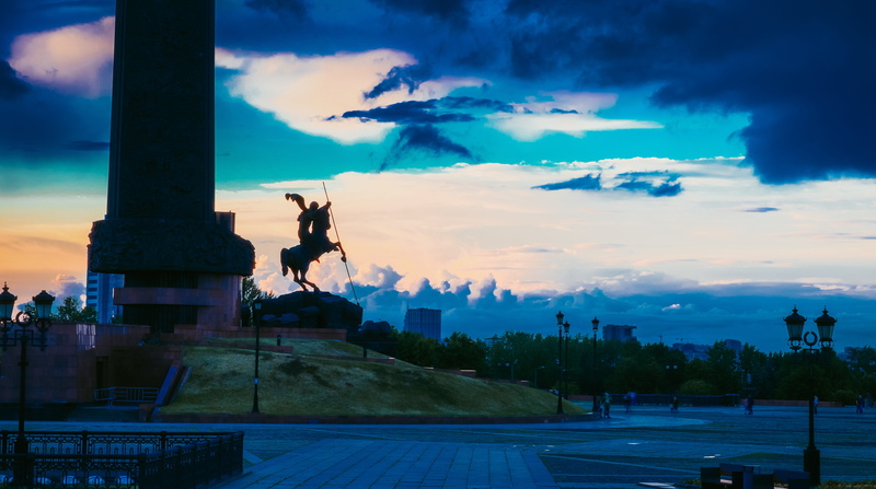 dusk, representation, blue, horse, human representation, 5K, city, megalopolis, building exterior, moscow, male likeness, sky, no people, evening, architecture