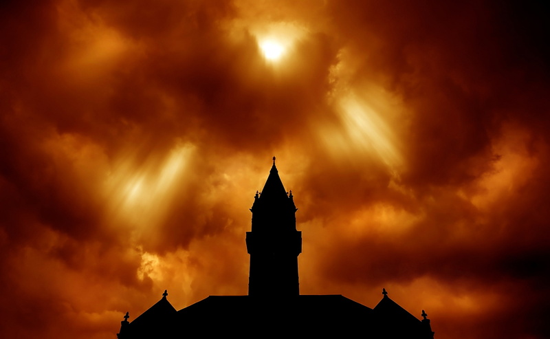 orange color, Clouds, Nature, Sun and Sky, building, belief, urbana, spire, dramatic sky, thunderstorm, outdoors, sky, sunset, spirituality, no people