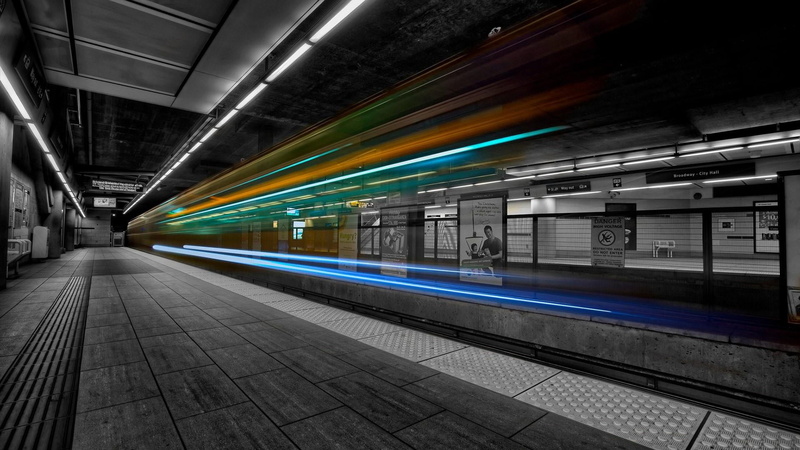 transportation, transport, no people, night, station, railroad station platform, train - vehicle, railroad station, black and white, subway, track, built structure