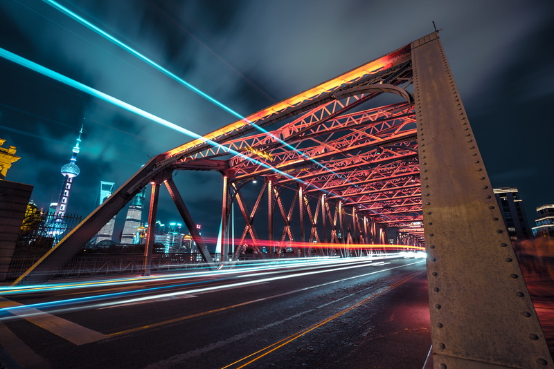 pink, transportation, modern, light streak, photography, photo, blue, travel destinations, industrial, bridge - man made structure, office building exterior