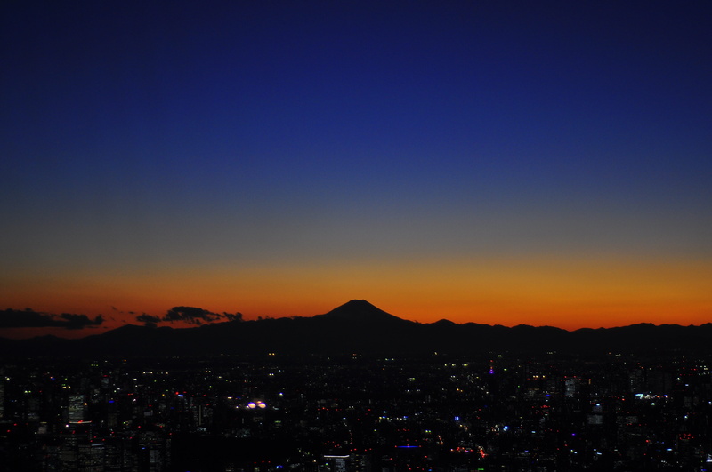 mount fuji, building, sunset, built structure, cityscape, orange color, architecture, romantic sky, skytree, scenics - nature, japan, silhouette, illuminated