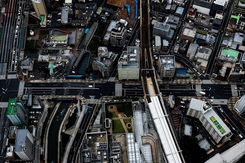 hardware, town, drone view, japan, 5K, multiple lane highway, high, outdoors, cockpit, factory, backgrounds, mode of transportation, rise, architecture