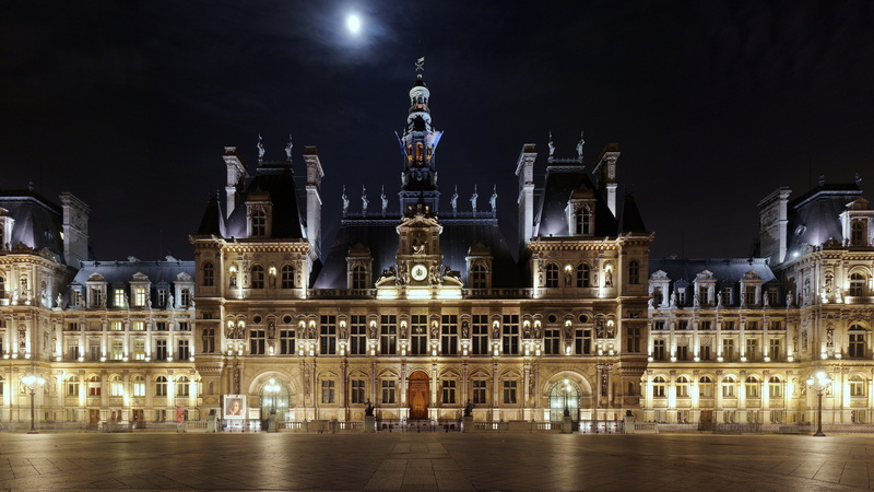 beautiful, hotel, square, beige, building, exterior, night, light, Hotel De ville, 8K, moon, castle, architecture, place
