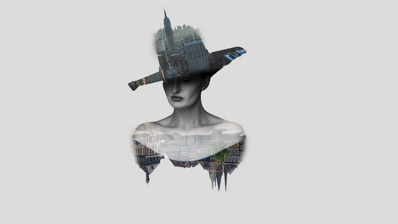 face, women, creativity, representation, photoshop, new york, indoors, city, noire et blanc, black and white, 5K, copy space, hat, ville, background, one person