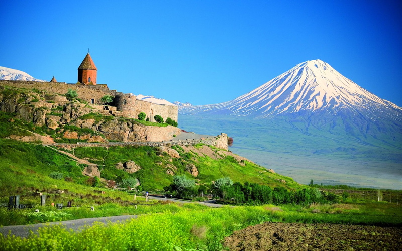 outdoors, Mount Ararat, beauty in nature, building exterior, tourism, snowcapped mountain, landscape, travel destinations, nature, sky, blue, plant, mountain