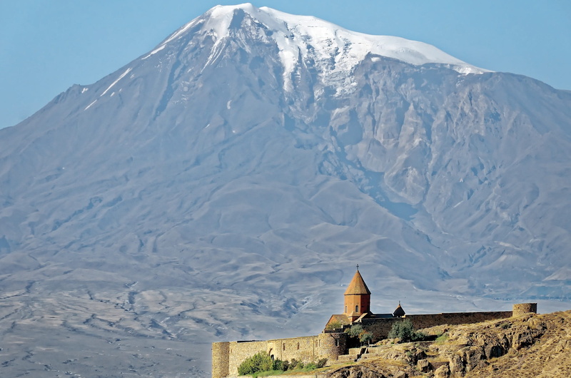 ararat, built structure, mountain peak, outdoors, sky, snow, ancient, nature, mountain range, building, mountain summit, building exterior, travel destinations