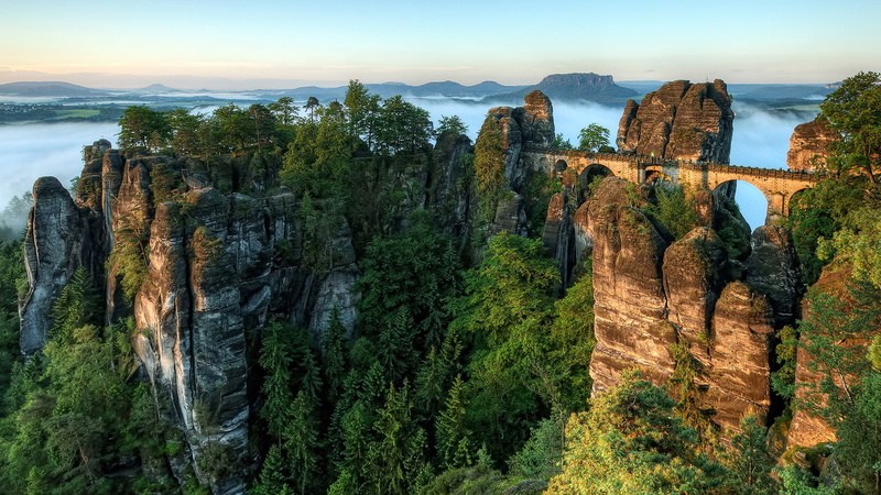 scenics - nature, green, saxonian swiss, mountains, architecture, birds, no people, view, travel destinations, sky, water, rock, environment, non-urban scene