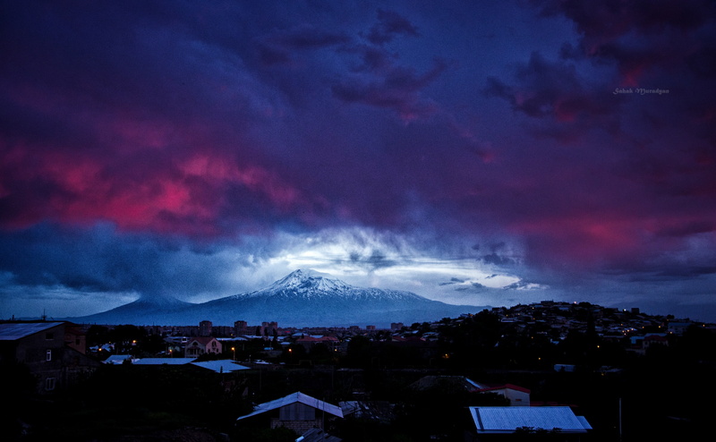 beauty in nature, Mountain, outdoors, dramatic sky, ararat, power in nature, snowcapped mountain, armenia, night, 4K, Dark, blue, cloud - sky, architecture