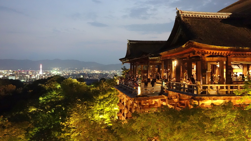 sky, cityscape, trees, outdoors, structure, Kyoto, illuminated, brown, water, architecture, the past, nature, near, cloud - sky, Night View, travel, Kiyomizu-Dera
