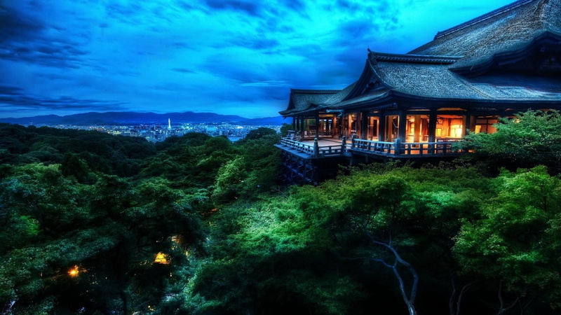 mountain range, illuminated, temple, outdoors, religion, cloud - sky, building exterior, growth, kiyomizu-dera, scenics - nature, sky, shrine, tree, beauty in nature