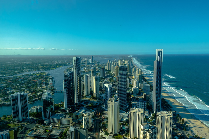 built structure, tower, outdoors, sky, building exterior, no people, surfers paradise, nature, water, cityscape, skypoint observation deck, skyscraper