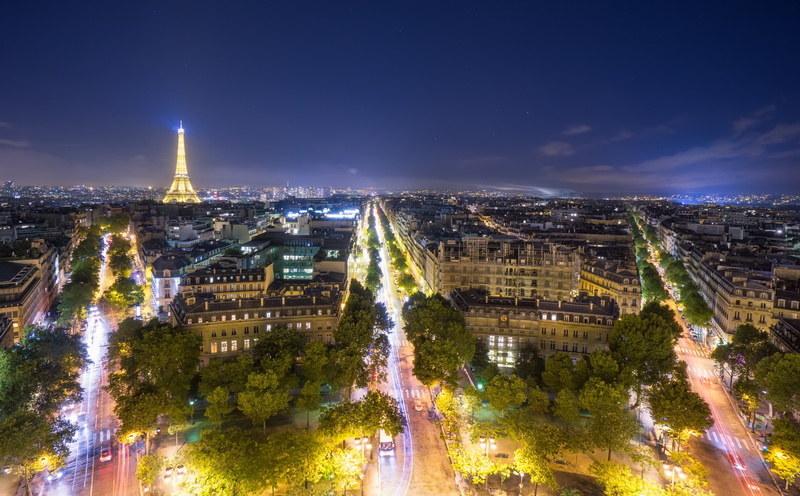 Tower, time, outdoors, Light, schengen, built structure, lapse, tourism, cityscape, Clear, sky, Deck, boulevards, 5K, Night, history, City, triomphe, illuminated