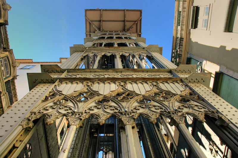 portugal, day, resort, building, outdoors, belief, sky, elevator, spirituality, architecture, low, building exterior, elevador de santa justa, travel destinations