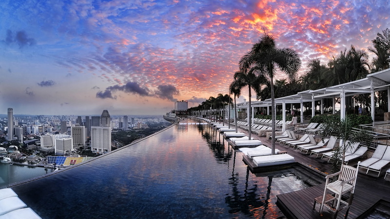 architecture, swimming pool, Sands SkyPark Observation Deck, sky, transportation, outdoors, skyscraper, no people, day, sunset, city, Observation, SkyPark