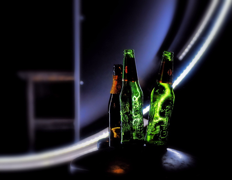 neonlight, black background, wine, refreshment, glass, brown, night, drinking, beer bottle, drinking glass, household equipment, food and drink, beer, beer - alcohol