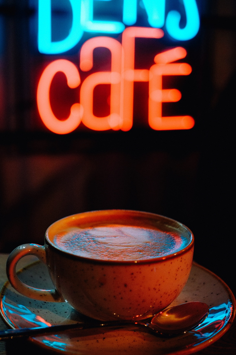 mr. bens cafe, bokeh, cappuccino, refreshment, illuminated, düsseldorf, neonlights, cup, communication, drink, text, western script, indoors, mug, blue
