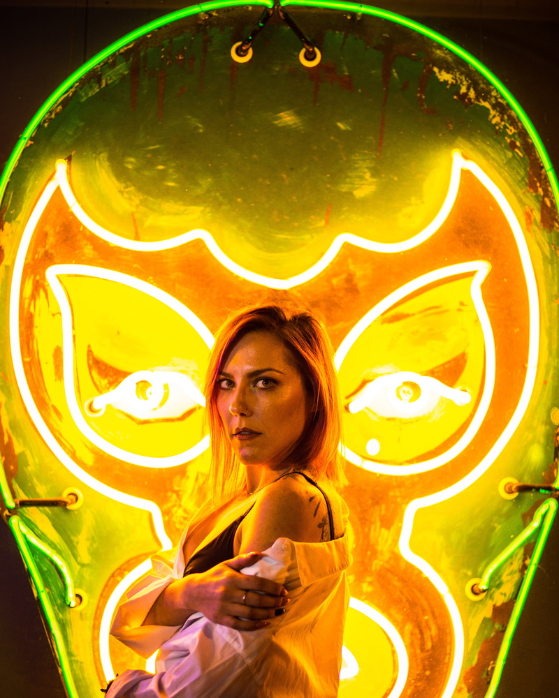 4K, adult, casual clothing, waist up, young women, orange, front view, decor, bright, tattoo, one person, wearing, glow, illuminated, contemplation, glowing
