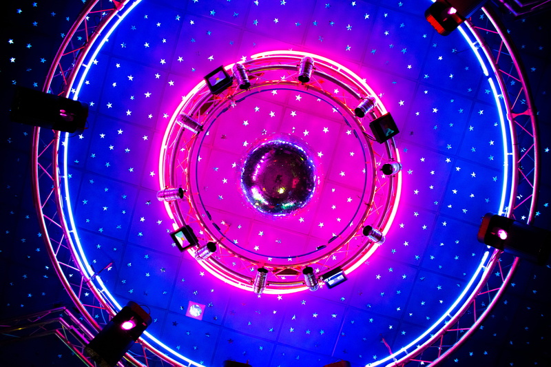 minimalism, geometric shape, amusement park, colors, pink color, neon, night, directly below, glowing, circle, amusement park ride, colorful, purple, indoors