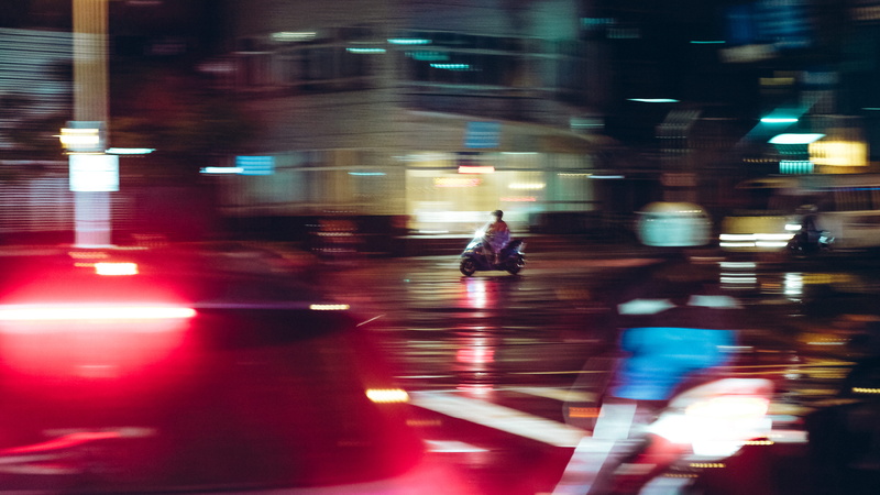 riding, outdoors, chasing, men, mode of transportation, 5K, road, scooter, building exterior, city life, neonlight, raining, car, architecture, motion