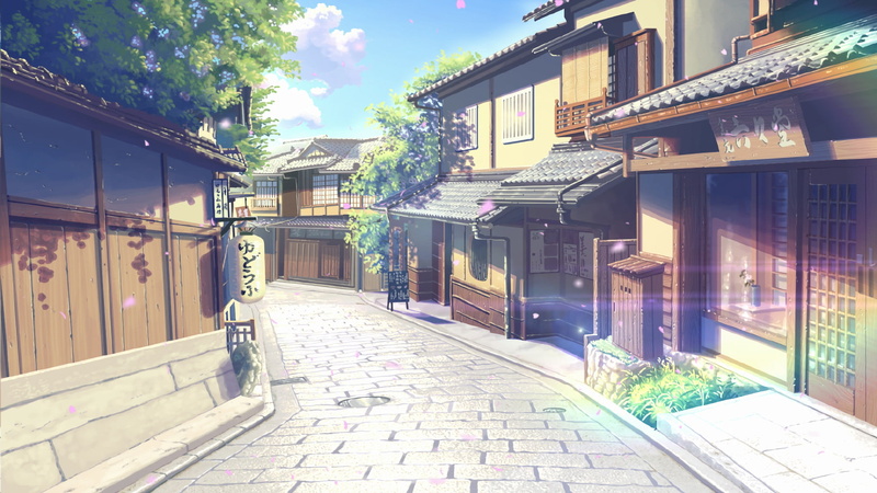 buildings, Anime, japanese city, built structure, building, tree, landscape, footpath, outdoors, plant, house, day, nature, street, transportation, city