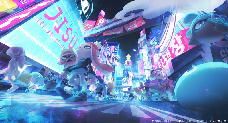 720P, city, Nintendo, digital art, road, cyan, street, video games, Splatoon, Japanese