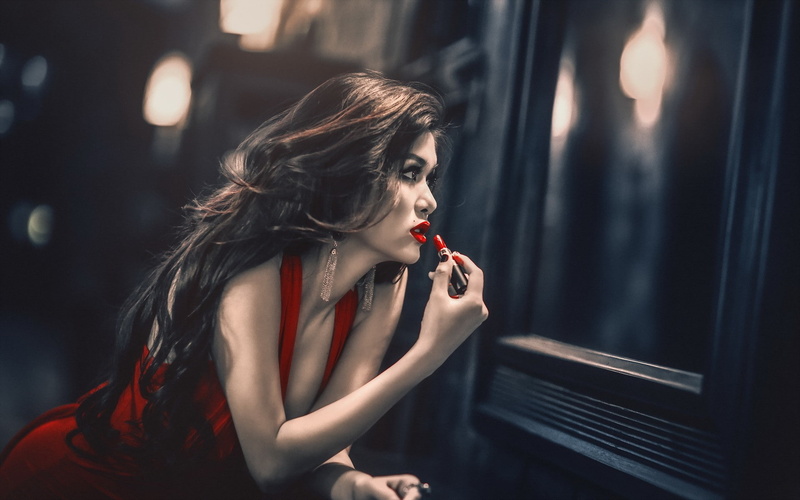 makeup, hair, indoors, red lipstick, contemplation, make-up, adult, young adult, hairstyle, Asian, long hair, fashion, real people, 1080P, portrait, one person